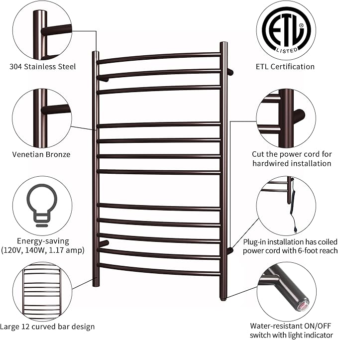 HEATGENE Towel Warmer Venetian Bronze, Electric Hot Towel Rails, Wall-Mounted Large 12 Bars Warming Towel Racks, Plug-in/Hardwired Heated Towel Rails