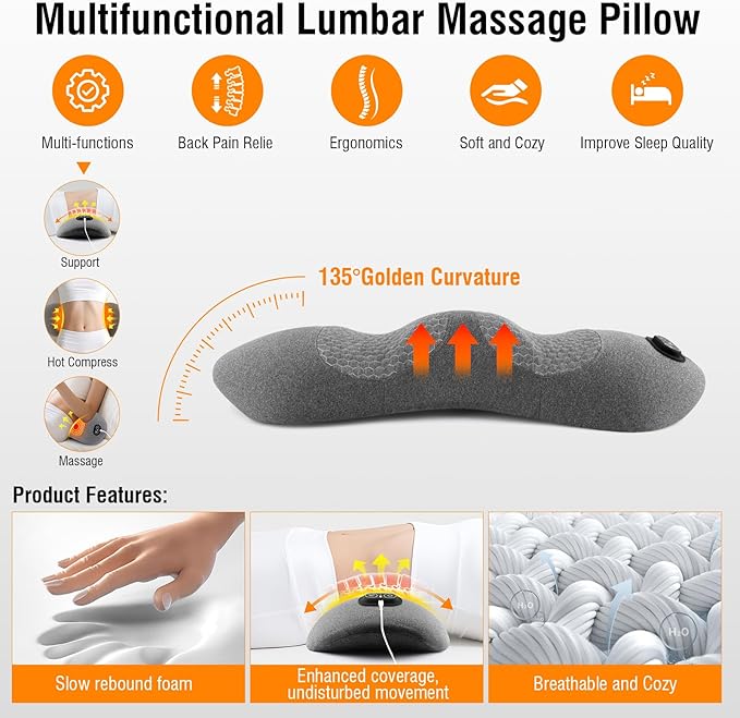3-in-1 Electric Lumbar Support Pillow with Heat & Massage, Ergonomic Memory Foam Lower Back Massager for Pain Relief Deep Tissue, Smart Air Lift Technology, Ideal for Car/Bed/Sleeping/Office Chair