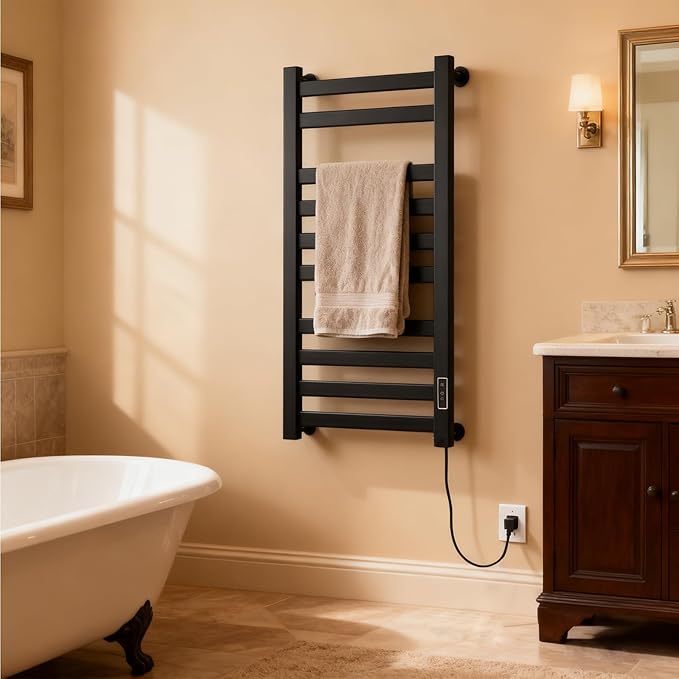 Verida Towel Warmer Rack, Heated Towel Rack for Bathroom, Wall-Mounted Plug (Not Hardwired), Aluminum Alloy, with Timer and Temperature Adjustment, Overheat Protection Function(Large Black)