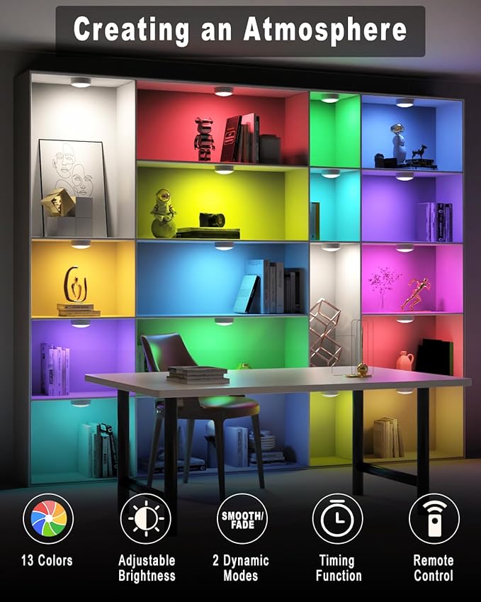 HELPLEX LED Puck Lights with Remote, 3 Pack Color Changing RGBW Stick-On Light, Battery Powered, Dimmable Under Cabinet Lighting with Timer & Memory, Wireless Push Lights for Kitchen & Closet