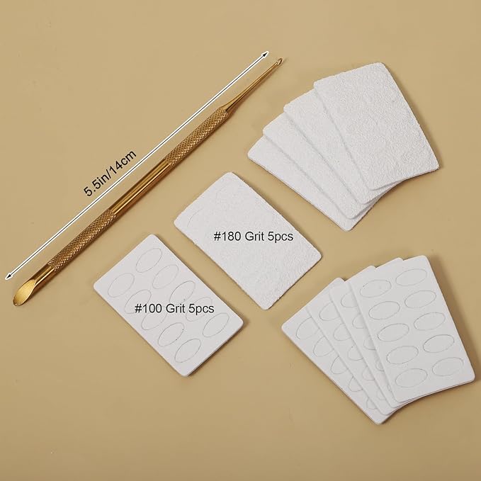 100/180 Grit Sandpaper Sheets Dual Ended Nail Cuticle Pusher, Cuticle File Stainless Steel Nail Pusher Russian Prep Nails Pushers Self-Adhesive Sandpaper for Manicure Pedicure Nails Care Tools, Gold