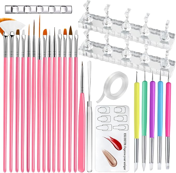 Nail Stand For Press On With Nail Art Brushes Nail Holder For Painting Practice Display Presson Nails Nail Art tools Set with Nail Dotting 3D Sculpting tools, Practice Kit Tech