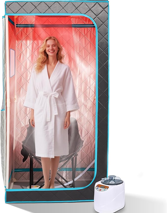 Portable Steam Sauna– Red Light Therapy Home Sauna Tent with 3L & 1500W Steamer, Remote Control Time & Temperature Settings, Foldable Chair Included for Relaxation