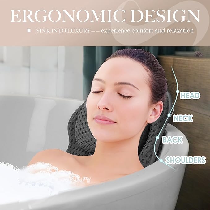 Bath Pillows for Tub, Bath Pillow, Bathtub Pillow, and Luxury Bath Accessories for Head, Neck & Back Support, Relaxing Spa Bath Tub Pillow with 6 Strong Suction Cups (Gray)