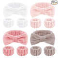 CIEHER 12 PCS Makeup Headband for Women Wrist Washband Scrunchies Cuffs for Washing Face, Soft Bow Hair Band Matching Wristbands, Rose Pink, Light Pink, Khaki Brown, White
