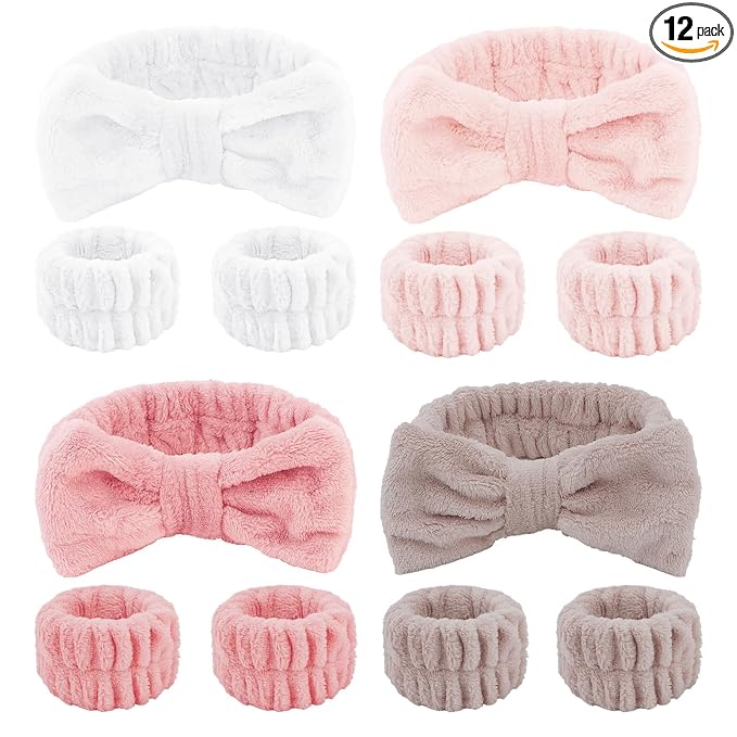 CIEHER 12 PCS Makeup Headband for Women Wrist Washband Scrunchies Cuffs for Washing Face, Soft Bow Hair Band Matching Wristbands, Rose Pink, Light Pink, Khaki Brown, White