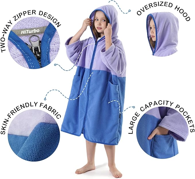 Hiturbo Kids Bath Towel Hoodie: Zipper Surf Poncho Long Sleeve Quick Dry - Absorbent Changing Towels Swimming Outerwear for Beach Pool - Purple/Blue