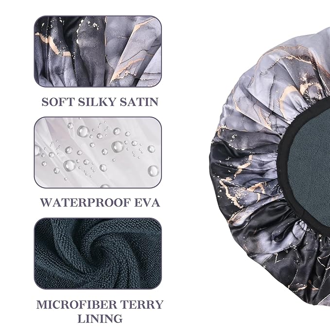 Black Marble Print Satin Shower Cap, Three-Layer Terry Cloth Lined, with Silk Hair Ties, Microfiber Waterproof Reusable Large Size Shower Cap for Women Long Thick Hair