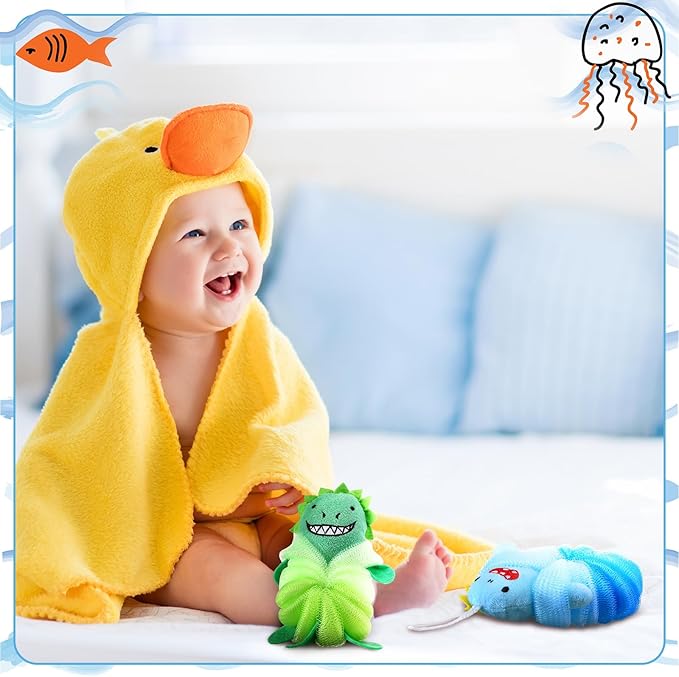 Tatuo 4 Pcs Animal Bath Loofahs Kids Body Loofah Cartoon Shower Cute Bath Sponge Pouf Body Scrubbers Mesh Sponge for Toddler Children Boys Girls Shower Baby Washing Exfoliating (Boys)