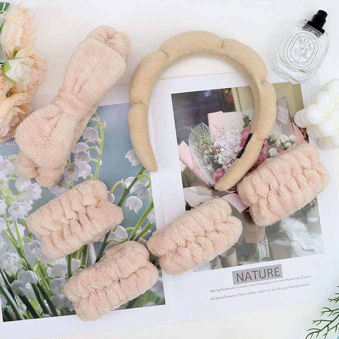 Khaki Spa Headband and Wristband Set-Headband for Washing Face Sponge Skincare Headbands Makeup Headbands for Women Girls Cute Bow Skin Care hairband Soft Bubble Face Wash Head band for Women