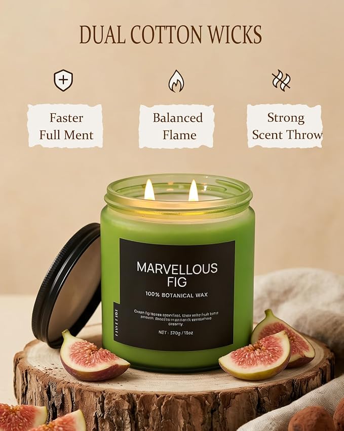 Fig Tree Home Scented Candles, 13oz Organic Soy Wax, 76-Hour Clean Burning, Natural Candles Non Toxic, Earthy & Fruity Scent for Relaxation, Aromatherapy Housewarming Candle for Men Women