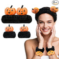 Kawaii Spa Headband and Wristband Set for Women Girls, Cute Halloween Skincare Headbands for Face Washing, Fluffy Makeup Headband for Washing Face, Bath, Shower and Beauty, Black Pumpkin