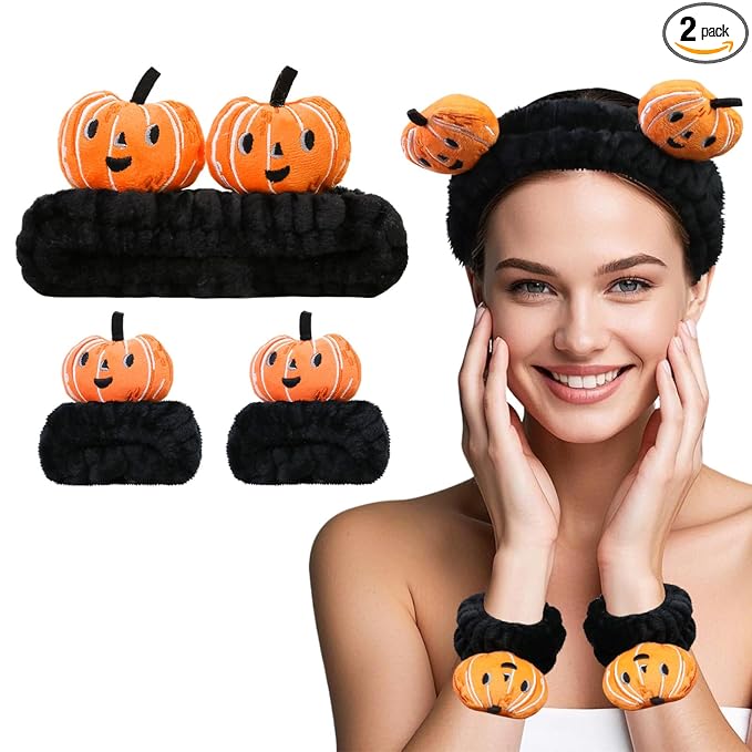 Kawaii Spa Headband and Wristband Set for Women Girls, Cute Halloween Skincare Headbands for Face Washing, Fluffy Makeup Headband for Washing Face, Bath, Shower and Beauty, Black Pumpkin