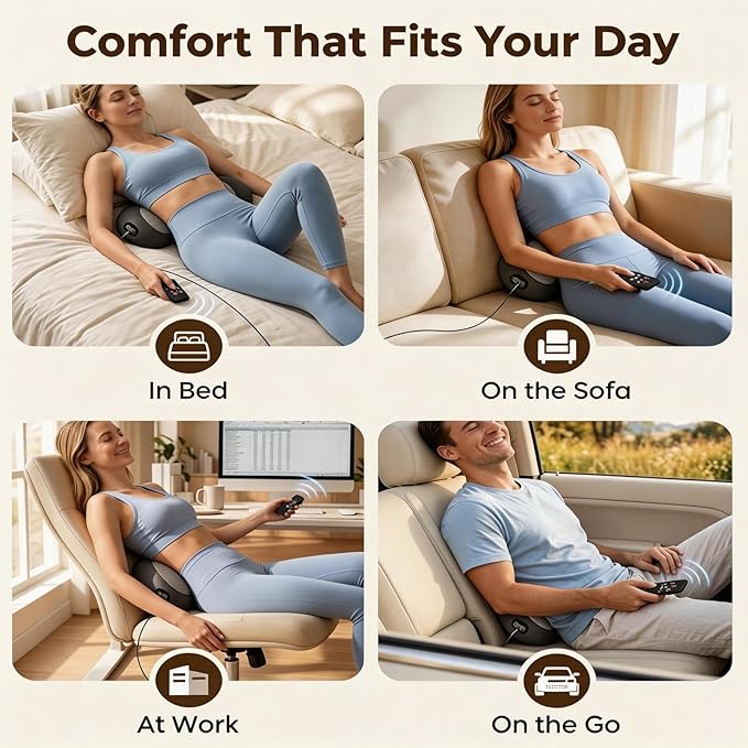 2026 Upgraded 3-in-1 Lumbar Support Pillow with Remote Control, Triple Fusion Back Massager with Heat, Vibration & Stretching, Portable Electric Lumbar Pillow for Home, Office, Travel & Car