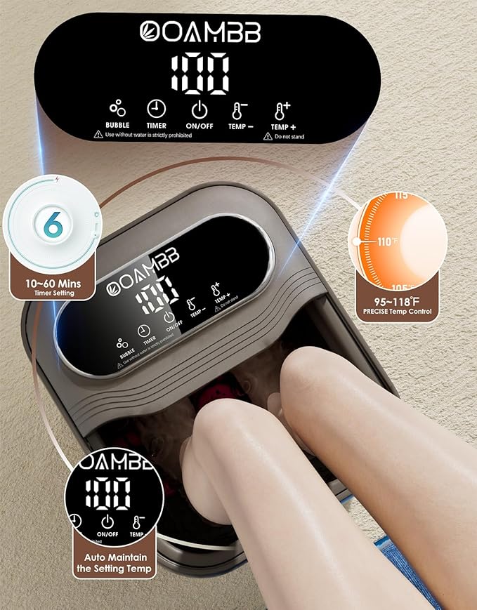 OOAMBB Collapsible Foot Spa with Heat, Bubble and Temp Control, Foot Bath Massager with XL Touch Screen and Massage Rollers, Foot Soaking Tub, Pedicure Foot spa for Stress Relief (Grey)