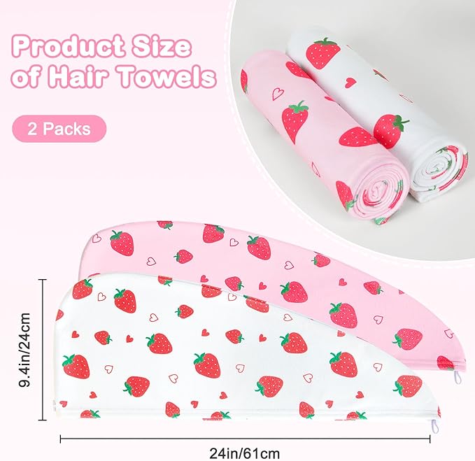 FIOBEE Microfiber Hair Towel Wrap for Kid Rapid Drying Towel Absorbent Hair Turbans for Wet Hair with Button Women Girls Long Curly Hair Pack of 2, Pink Strawberry