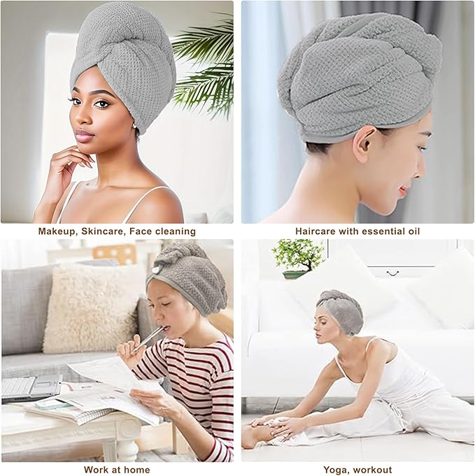 Microfiber Hair Towel Wrap, 3 Pack (Gray) Soft Hair Drying Towel,Shower Cap & Hair Accessories for Woman,Drying Hair Wrap Towels for Curly Hair Women Anti Frizz