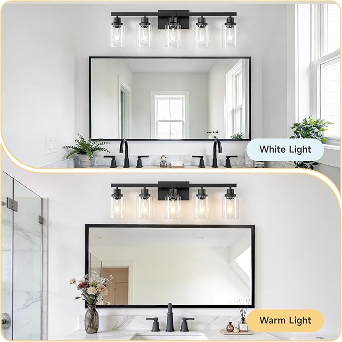 5-Light Black Bathroom Vanity Light, Modern Vanity Lighting Fixture for Bathroom, 31" Matte Light Fixture, Wall Sconces with Clear Glass Shade, Black Bathroom Wall Light Over Mirror