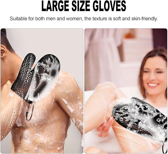 Honeycomb Exfoliating Bath Gloves - Microfiber for Enhanced Blood Circulation & Soft, Smooth Skin for All Skin Types (Black - Glove)