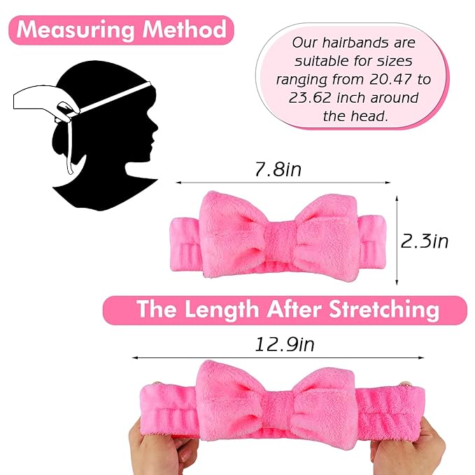 Zkptops 6Pcs Spa Headband for Washing Face Wristbands Set Women Bubble Makeup Sponge Terry Cloth Padded Puffy Skincare Headband Bow Tie Hairband Cute Non Slip Thick Hair Accessory Gifts (Rosy Red)