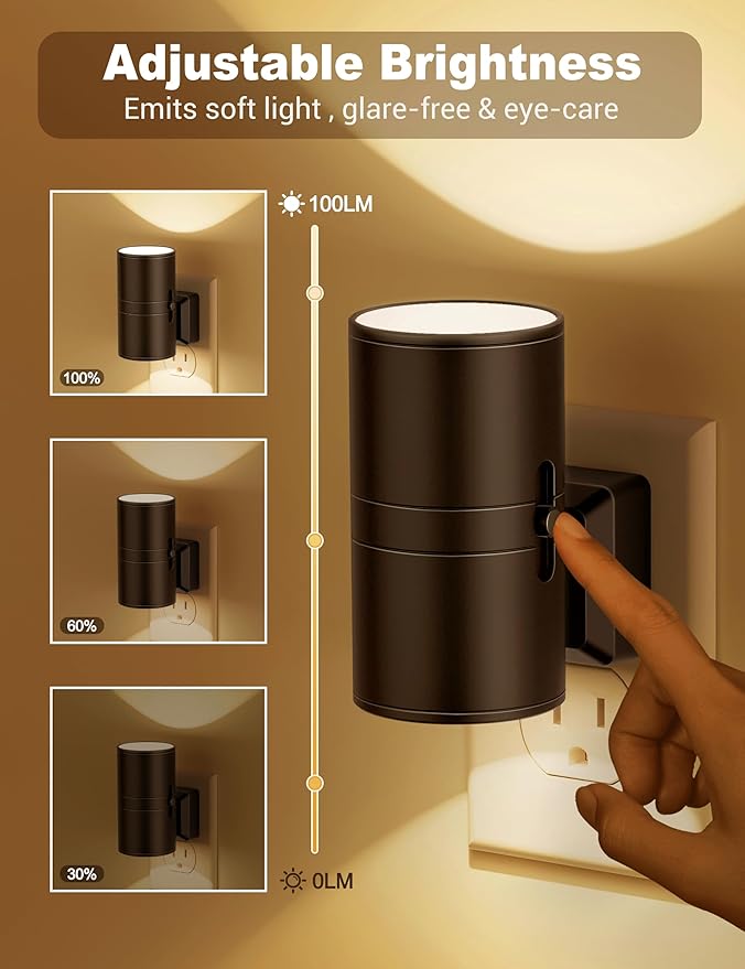 Night Lights Plug into Wall, Dimmable Night Light Plug in, Modern Night Lights with Dusk to Dawn Light Sensor, Soft White 3000K, 0-100LM Adjustable Brightness Nightlight for Hallway Bedroom, 4 Pack