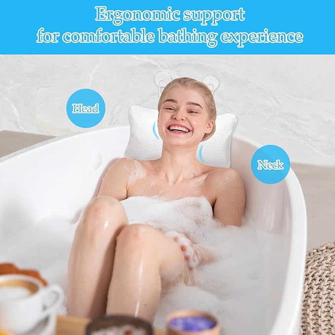 EORTA Inflatable Bathtub Pillow Anti-Slip Aerated Bath Pillow with Suction Cup Spa Bath Cushion for Head Neck Rest Relax, Home, Bathroom, White, 13.8"X7.8"