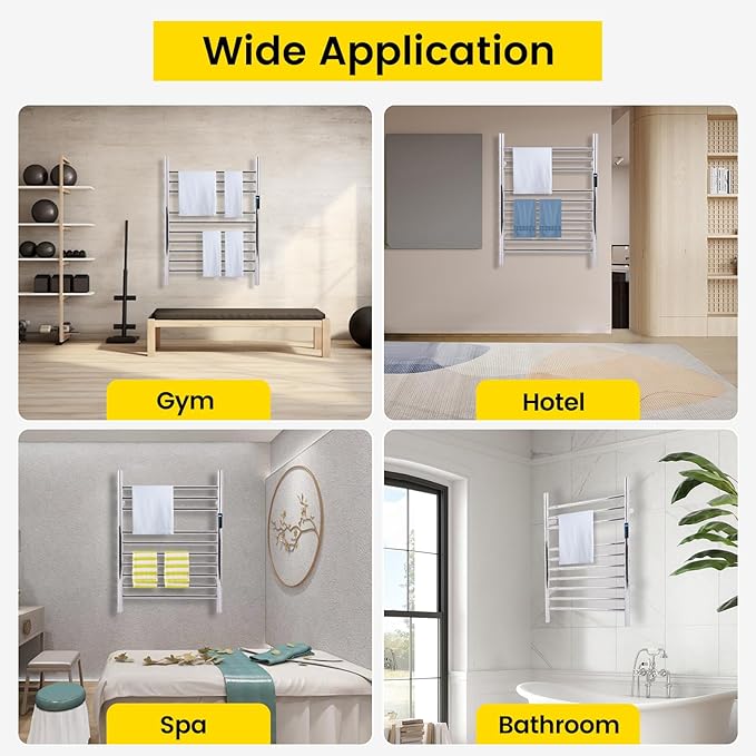 10-Bars Silver Heated Towel Rack–23" Wall Mounted Towel Warmer with Timer & Temperature Control, Stainless Steel