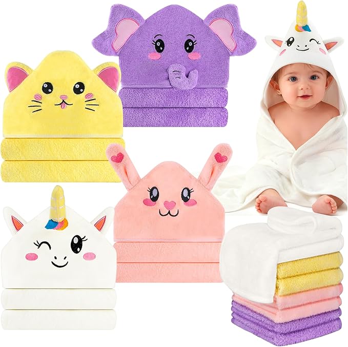 OFUSUY 12 PCS Baby Towels, 4 PCS Soft Hooded Baby Towels & 8 PCS Washcloths, Baby Bath Towels for Newborns, Infants & Toddlers- Coral Fleece, Soft & Ultra Absorbent, Cute Towel Gift for Girls & Boys
