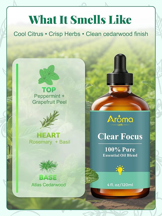 Clear Focus — A 100% Pure Essential Oil Blend, Cool-Citrus Herbal Blend that Keeps The Mood Alert and Focused, Fresh—Never Tense, Essential Oils for Diffusers for Home