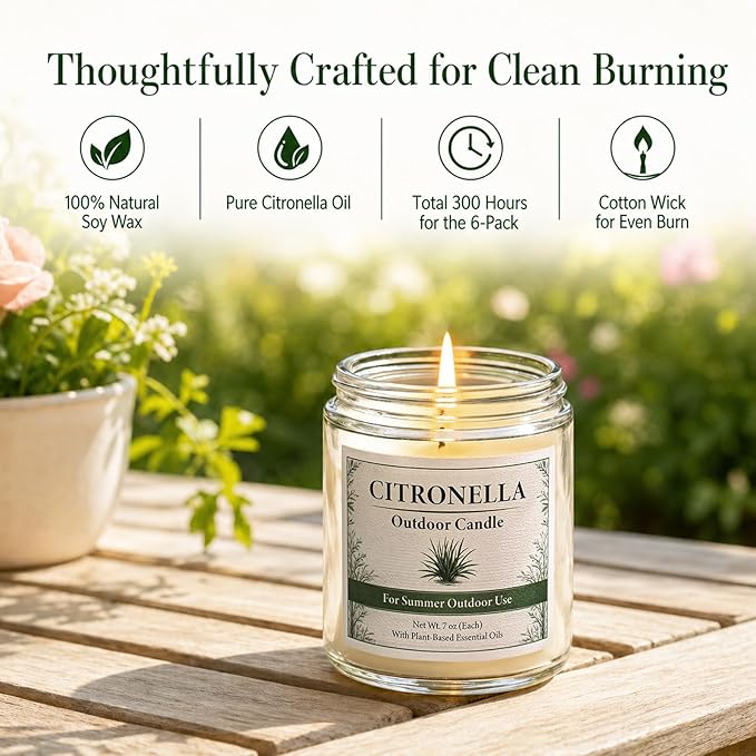 Citronella Candles Outdoor - 6 Pack Natural Soy Wax Citronella Candles for Patio,Garden,Yard, Balcony BBQ, Camping, Party, up to 200 Hours Burning Summer Outside Candle Set