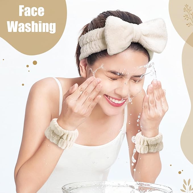 SPA Headbands and Wristband Set for Face Washing with Clear Bag Cute Skincare Makeup Headband Wrist Bands Hair Clips for Women Teenage Girls Gifts Trendy Stuff Khaki