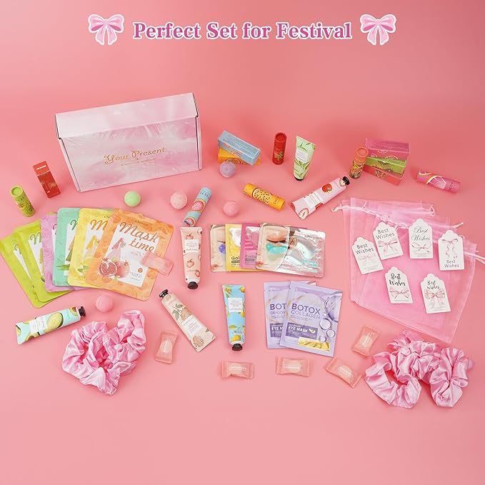 54PCS Spa Party Supplies for Girls, Spa Party Favors Include Facial Masks,Under Eye Patches, Lip Balm, Foot Bath Bombs, Hand Cream, Compressed Towel, Hair Band for Six Girls, Sleepover Party gifts