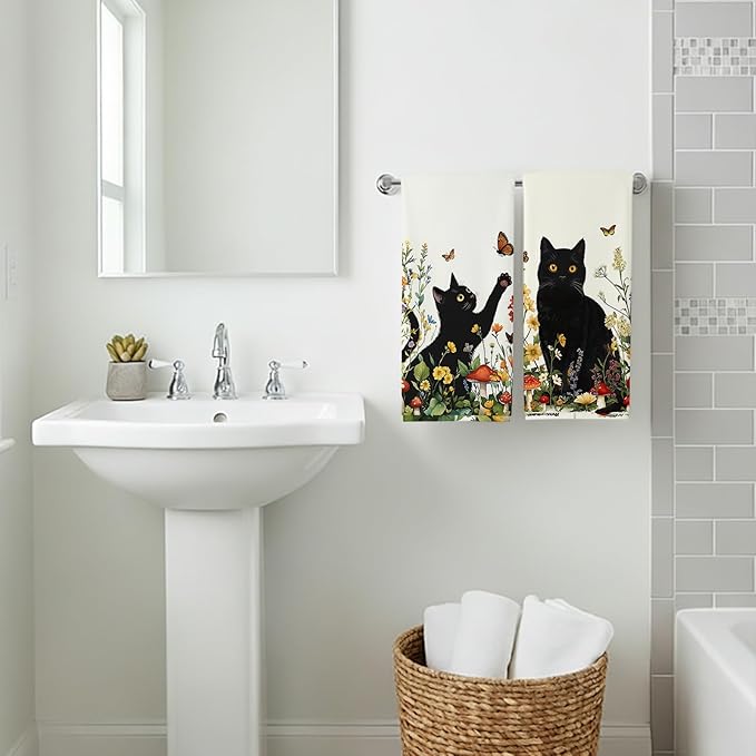 Accnicc 2 Pack Black Cat Bathroom Hand Towels Decorative Spring Floral Dish Kitchen Towel 16x27 Inch Botanical Butterfly Mushroom Wildflowers Absorbent Soft Microfiber Bath Towels Hotel Spa Decor