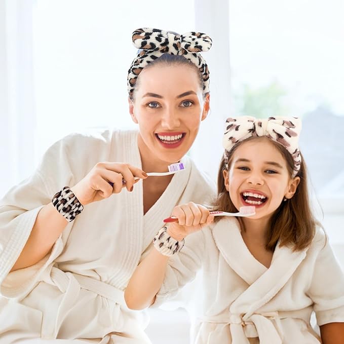 CIEHER 12 PCS Makeup Headband for Women Wrist Washband Scrunchies Cuffs for Washing Face, Soft Leopard Print Spa Headband Matching Wristbands