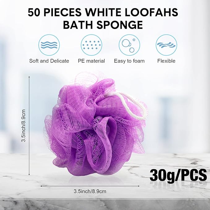 CHENGU 50 Pack Loofah Sponge Bath Sponge Shower Loofah Mesh Shower Ball Bath Pouf Wash Body Puff for Women Men, 30 g(Multicolor,Classic)