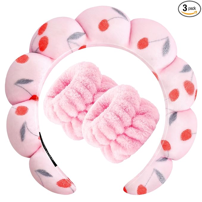 Zkptops Spa Headband for Washing Face Wristband Set Sponge Makeup Skincare Headband Velvet Fabric Bubble Soft Get Ready Hairbands for Women Puffy Headwear Non Slip Thick Thin Hair Accessory (Cherries)