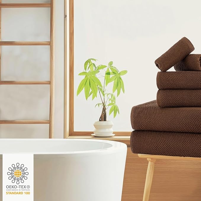 CASA COPENHAGEN EcoPop 6Pcs 100% Cotton Large Designer Towels Gift Set- Toffee, 550 GSM, 2Bath 2Hand 2Washcloths, Bath Towels for Bathroom Set for Women & Men