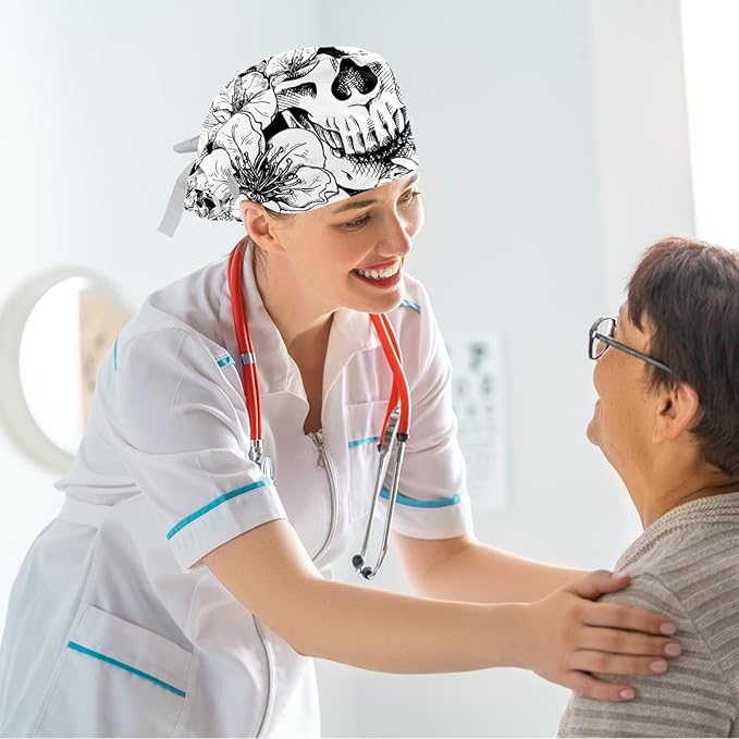 Ethnic Aztec Pattern Adjustable Scrub Cap Hat with Button, Working Hat Sweatband with Bow Hair Scrunchy for Woman