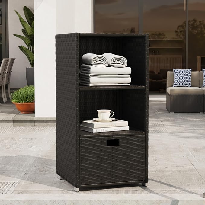 Outdoor Pool Towel Rack Cabinet, Rattan Wicker Pool Storage Bins Storage Organizer, 2 Layer Shelf Hot Tub Spa Accessories, 47in, Black