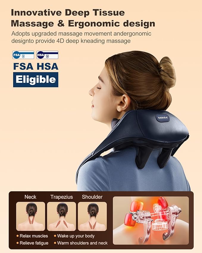Beleduc Neck and Shoulder Massager with Soothing Heat,FSA Eligible, Cordless Neck Back Massager, Upgrad 4D Shiatsu Deep Kneading Massage for Back Shoulder