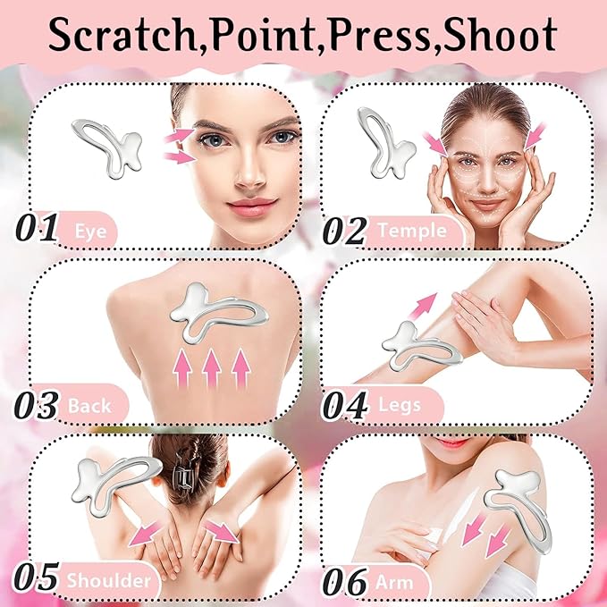 Gua Sha & Face Roller, Stainless Steel Gua Sha Facial Tools, Lymphatic Drainage Massager for Face, Eyes, Chin & Jawline Sculpting, Body Gua Sha Tools with Pouch (Light Silver)