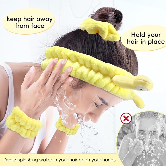 Face Wash Headband, Skincare Wrist Bands for Washing Face Set Spa Hair Bands Gift for Women Girls with a Hair Scrunchie, Cute Yellow snail tentacle Elastic Headband, for Face Washing Makeup Skincare