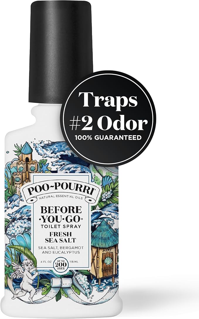 Poo-Pourri Before-You-Go Toilet Spray,Fresh Sea Salt,4 Fl Oz,Up to 200 Uses,Bathroom Odor Deodorizer,Plant-Based with Essential Oils,for Home or Work,Sea Salt,Bergamot & Eucalyptus Scent,(Pack of 2)