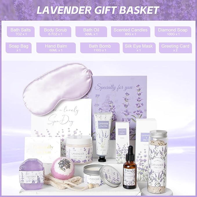 Mothers Day Gifts for Mom, Lavender Spa Gifts Set, 11 Pcs Bath Gift Set for Women, Relaxing Spa Gifts, Bath Spa Gift Basket for Women, Home Spa Products, Birthday Gifts for Women