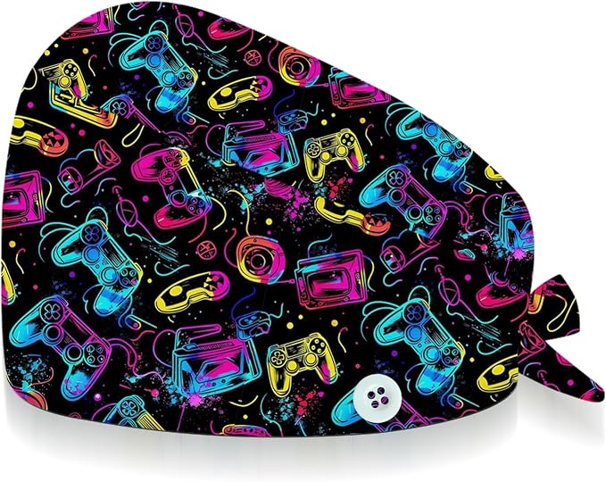 Adjustable Scrub Cap with Buttons & Sweatband, Working Hat with Elastic Tie Back, Unisex Nurse Surgical Caps for Women & Men