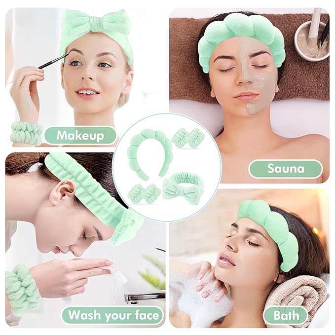 Zkptops 6Pcs Spa Headband for Washing Face Wristbands Set Women Bubble Makeup Sponge Terry Cloth Padded Puffy Headband Bow Tie Skincare Hairband Cute Non Slip Thick Hair Accessory Gifts (Light Green)