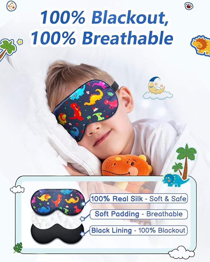 BeeVines Kids 100% Real Mulberry Silk Sleep Mask 2 Pack, Original Design Pure Silk Sleeping Eye Masks for Boys, Skin-Friendly Blackout Eye Cover, Adjustable Strap, Reduce Puffy Eyes, for Travel Gifts