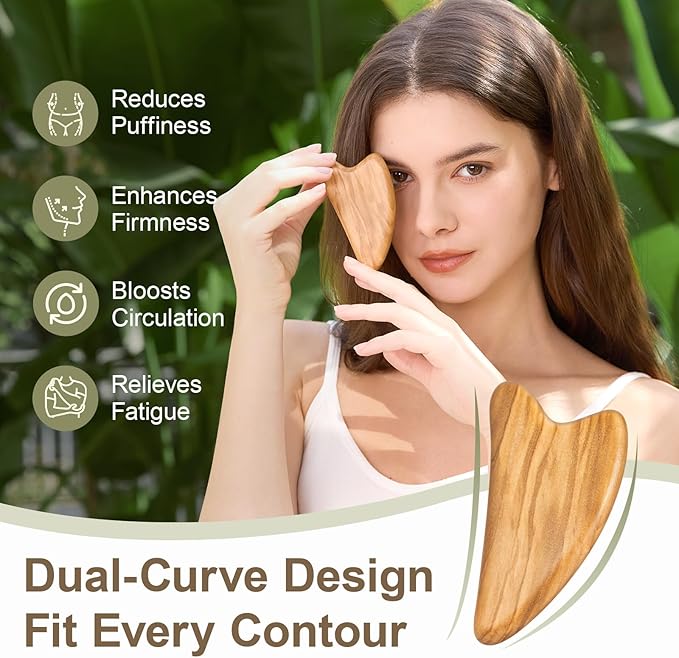 Gua Sha Tool for Face - Natural Facial Massager for Lymphatic Drainage, Jawline Sculpting & Puffiness Reducing, Full-Body Massage Tools for Pain Relief, Mothers Day Gifts(Olive Wood)