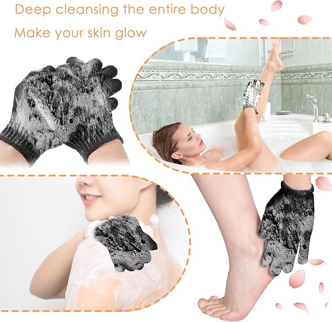 FoldTier 200 Pcs Exfoliating Gloves Bulk for Shower Body Double Sided Gloves Exfoliating Bath Mitt with Hanging Loop Bath for Women Men Bathing Skin Scrubber Accessories Beauty Spa (Black)