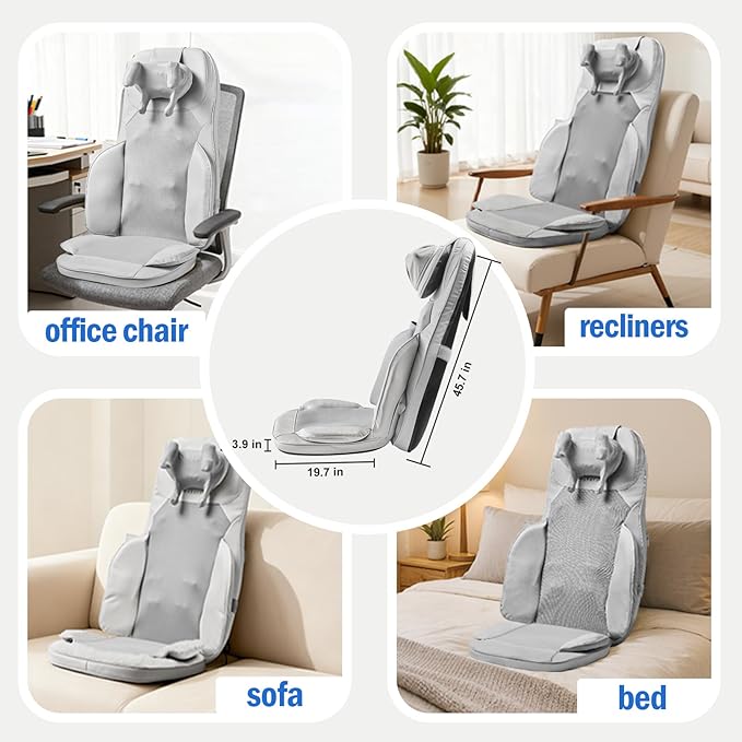 Shiatsu Neck and Back Massage Cushion with Heat - 4D Kneading and Vibration for Muscle Relief, Dual-Neck Design, Adjustable Intensity and Height for Office Chair and Home Use, Grey